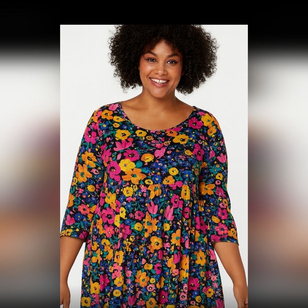 Colleen Lopez Floral Tunic Blouse L Rayon Blend 3/4 Sleeve Black Multicolor
